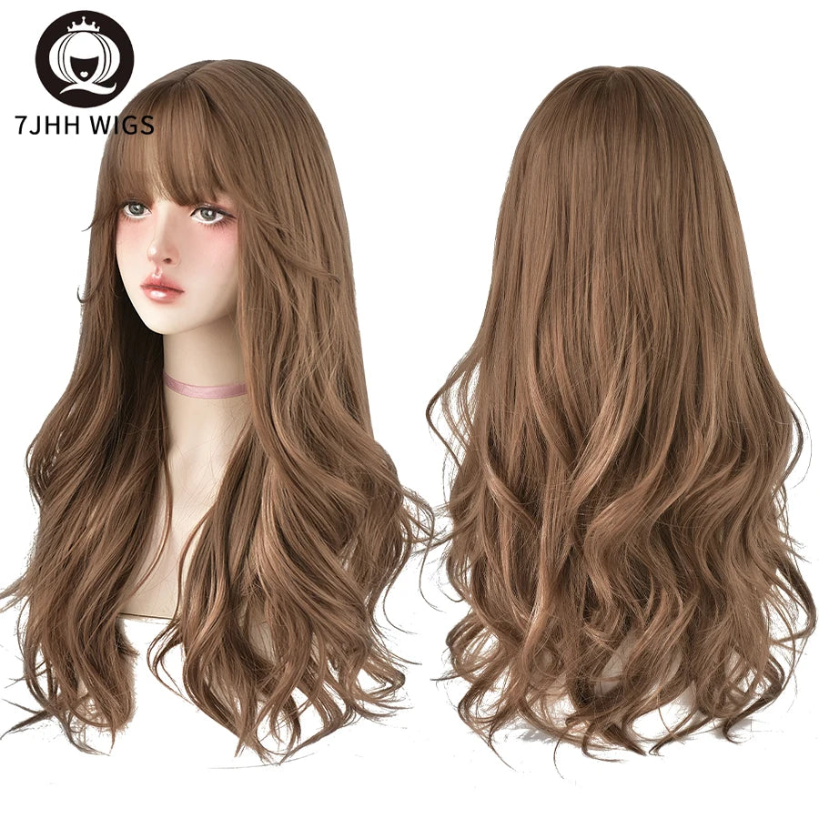 7JHH WIGS Popular Brown Ash Long Deep Wave Hair Lolita Wigs With Bangs