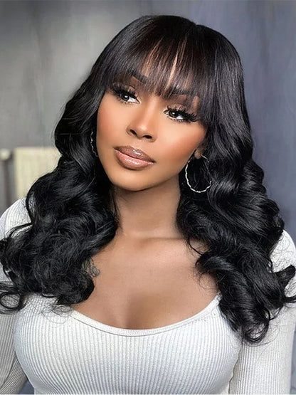 30 inches Body Wave Human Hair Wigs With Bangs Short Bob Wig 180%