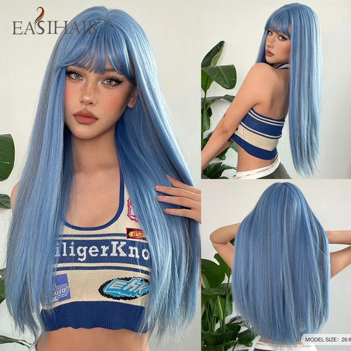 EASIHAIR Long Silky Straight Synthetic Wigs with Bangs Black Cosplay