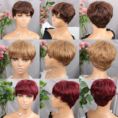 Brown Short Pixie Cut Wig Human Hair For Black Women Machine Made Wigs