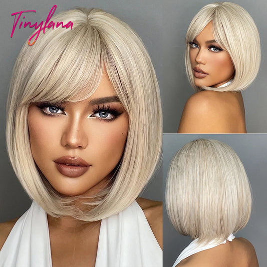 White Blonde Gray Synthetic Wigs with Bangs Short Straight Bob Hair