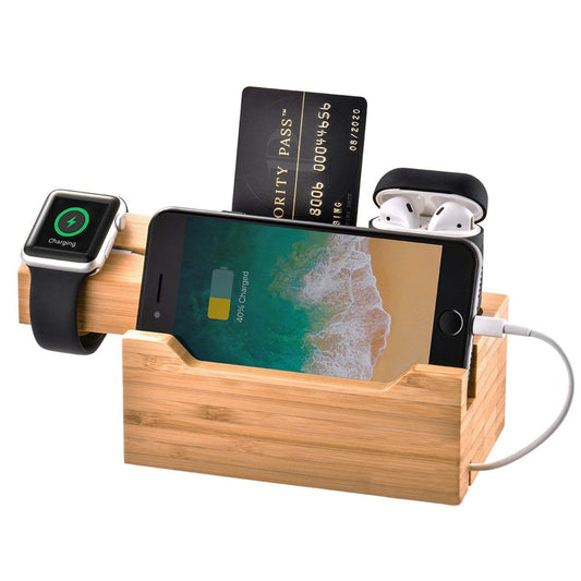 Trexonic 3 in 1 Bamboo Charging Station with Card Holder