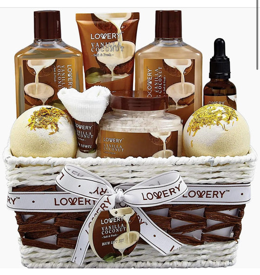 Bath and Body Gift Basket, Vanilla Coconut Home Spa Set, 9PC