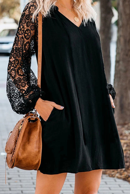 Black Lace Long Sleeves Shift Above Knee Dress