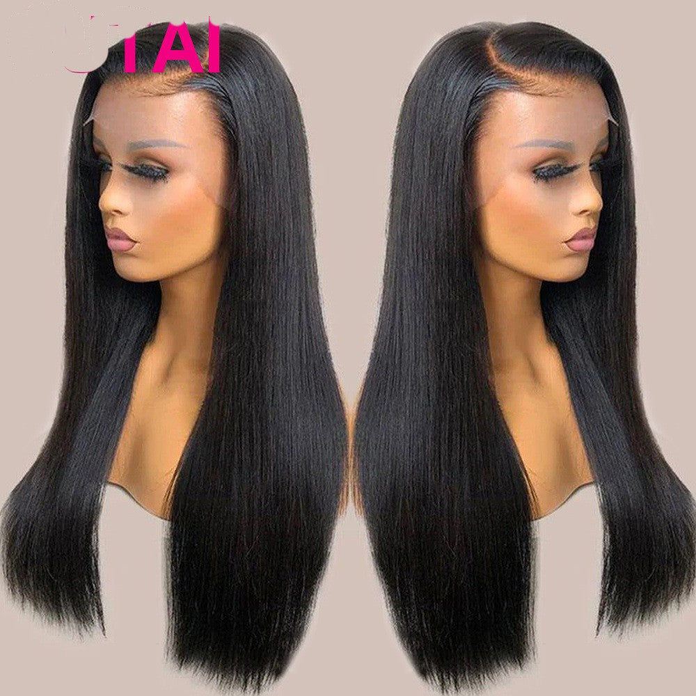 Color: 13x4 HD Frontal150, Wig size: 24inch - Real Human Hair Lace Wig Set Straight Hair Black Medium Length