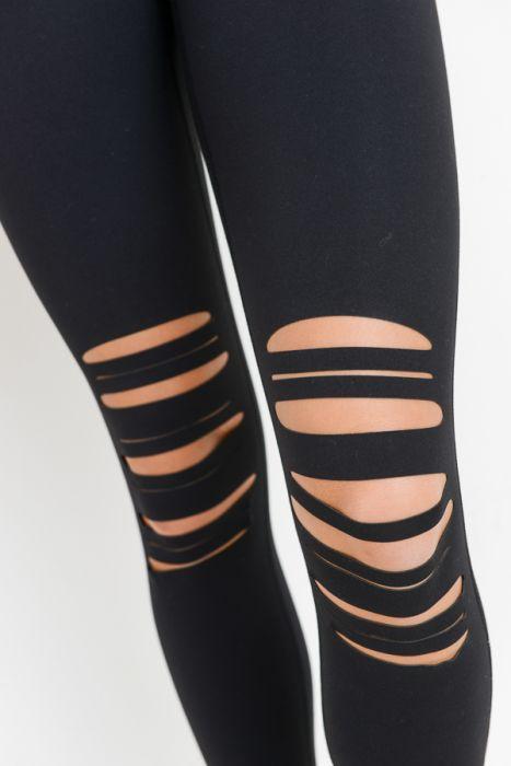 High Waist Laser Cut Ripped Knee Leggings