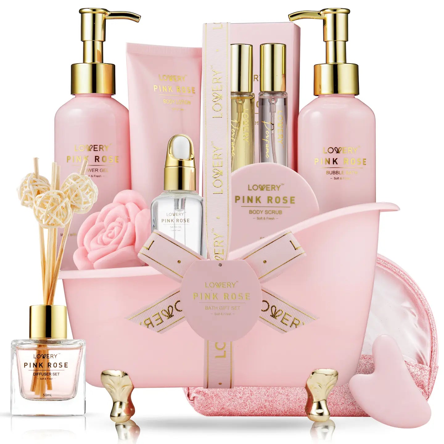 Wholesale Luxury Pink Rose Bath and Body Set, 18pc Birthday Spa Kit