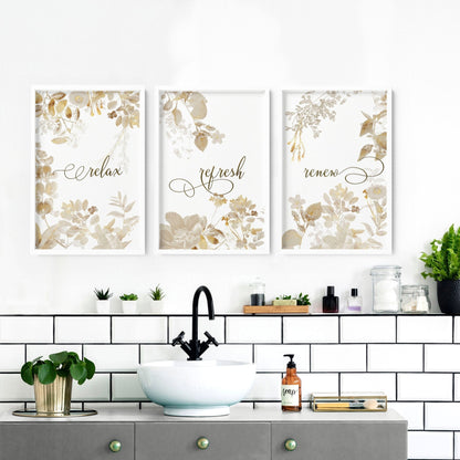 Bathroom pictures framed | Set of 3 Botanical Gold wall art prints