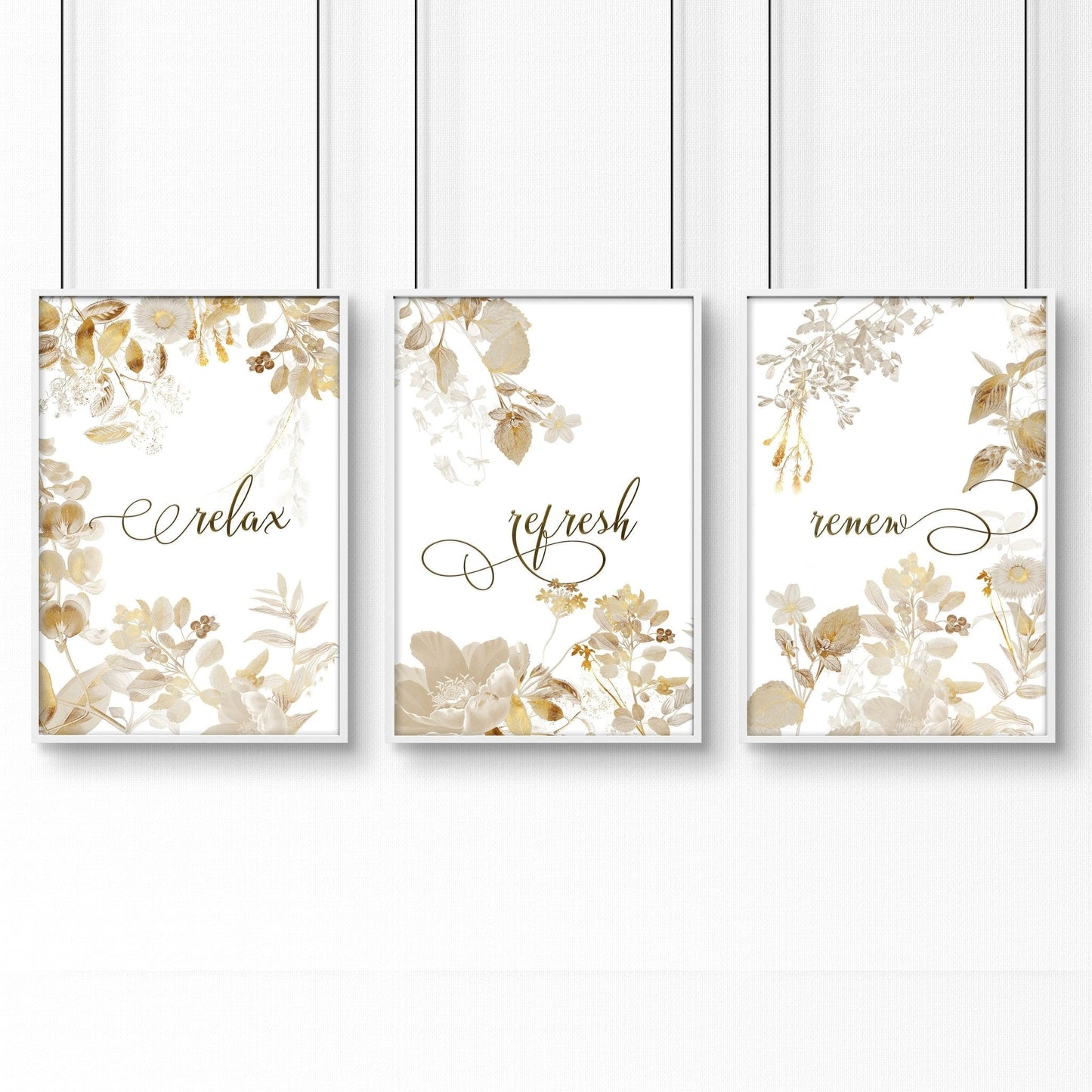 Bathroom pictures framed | Set of 3 Botanical Gold wall art prints