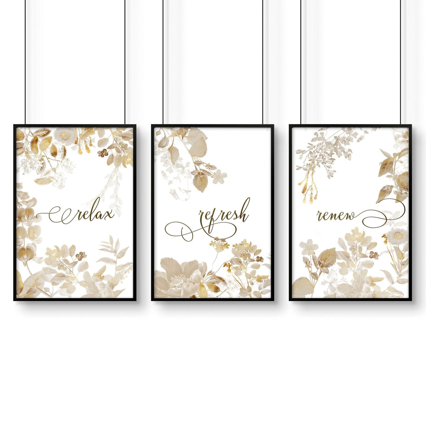 Bathroom pictures framed | Set of 3 Botanical Gold wall art prints