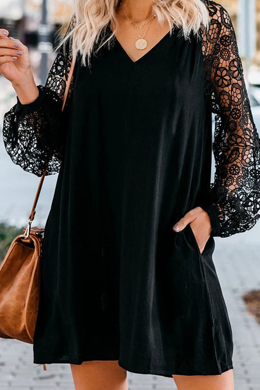 Black Lace Long Sleeves Shift Above Knee Dress