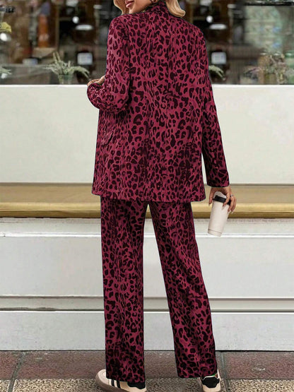 Full Size Leopard Lapel Collar Long Sleeve Blazer and Pants Set