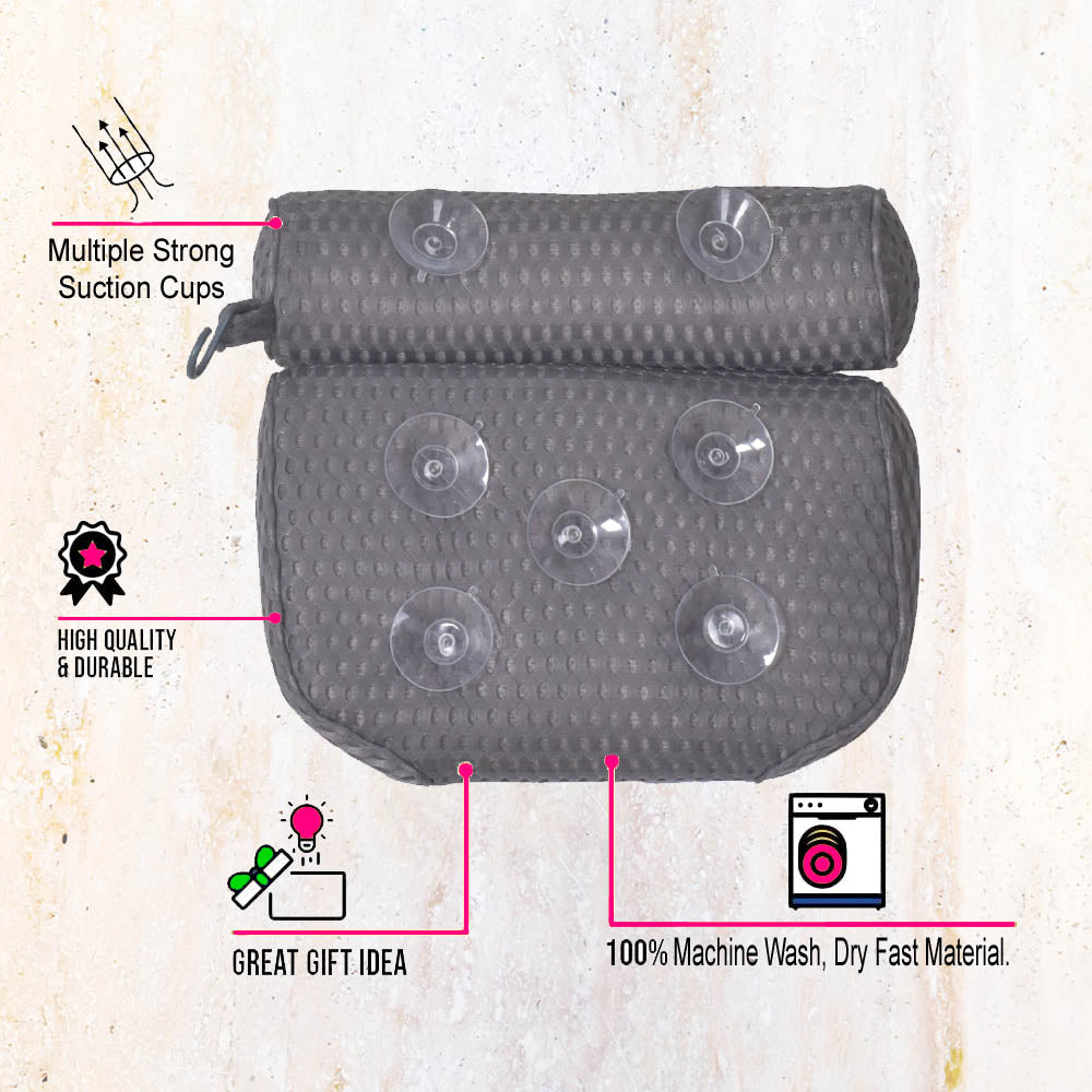 Black Bathtub Pillow Bath Pillow with Anti-Slip Suction Cups 4D Mesh