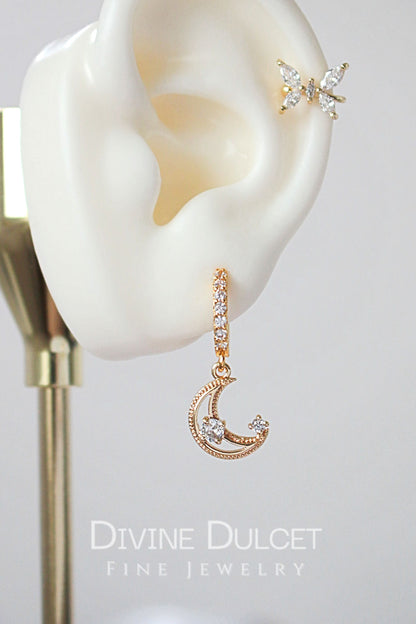 24 Karats Gold Cubic Zirconia Moon Hoop Earrings