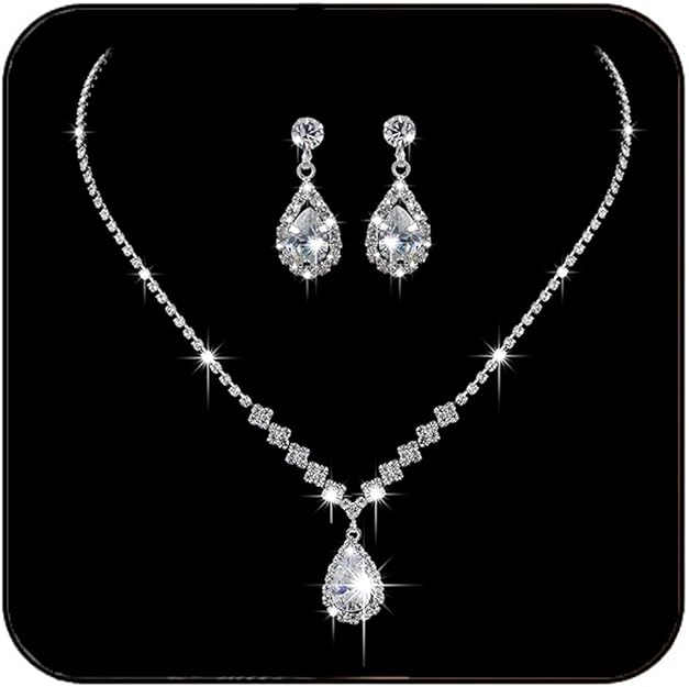 Bride Silver Bridal Necklace Earrings Set Crystal Wedding Jewelry Set