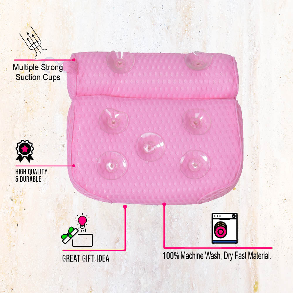 Pink Bathtub Pillow Bath Pillow with Anti-Slip Suction Cups 4D Mesh