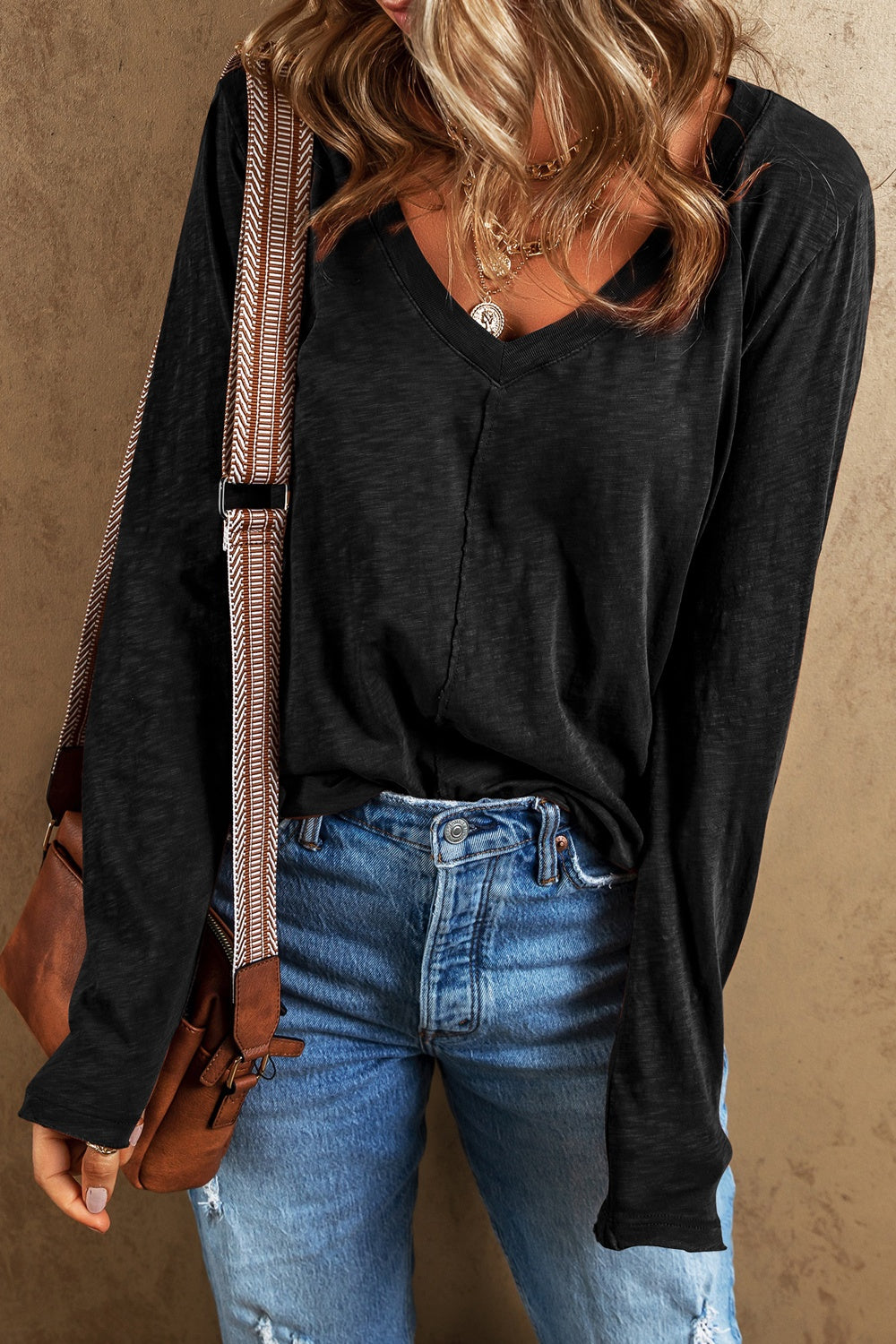 Exposed Seam V-Neck Long Sleeve T-Shirt