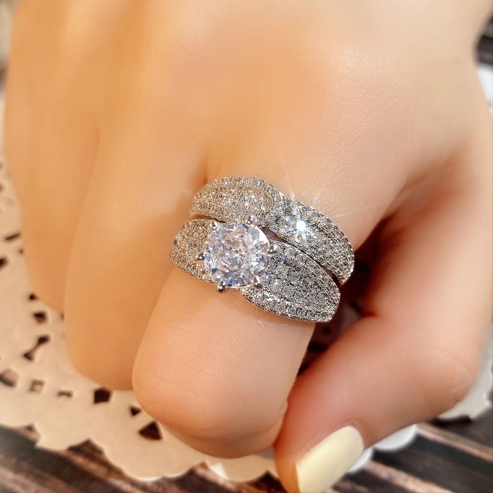 2 Pcs/set 925 Silver Plated Bridal Wedding Zircon Ring For Women