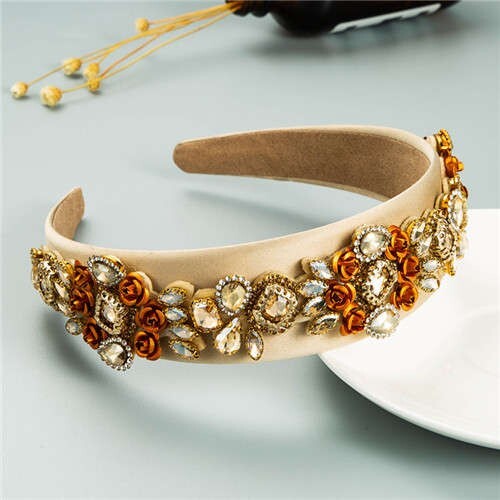 Royal Flower Inlaid Rinestone European Fashion Women Hair Hoop - Brown