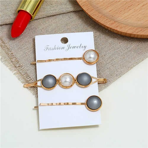 Pearl and Button Fashion 3pcs Women Hair Clip and Barrette Combo Set - Gray