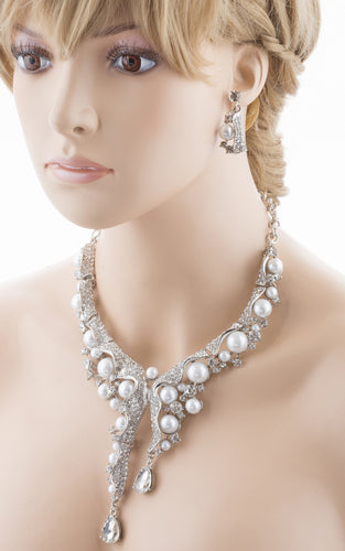 Bridal Wedding Jewelry Set Crystal Pearl Chunky Duo Linear Drops