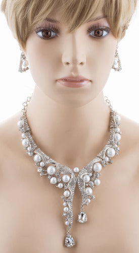 Bridal Wedding Jewelry Set Crystal Pearl Chunky Duo Linear Drops