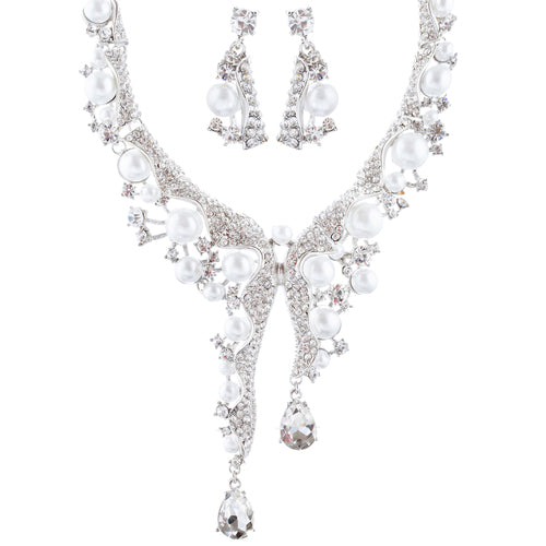 Bridal Wedding Jewelry Set Crystal Pearl Chunky Duo Linear Drops