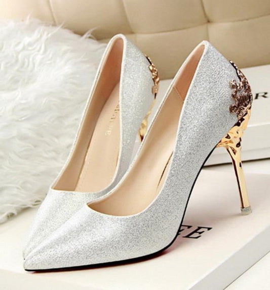 Womens high-heeled Suede Shoes pumps carved metal heel pointed Wedding