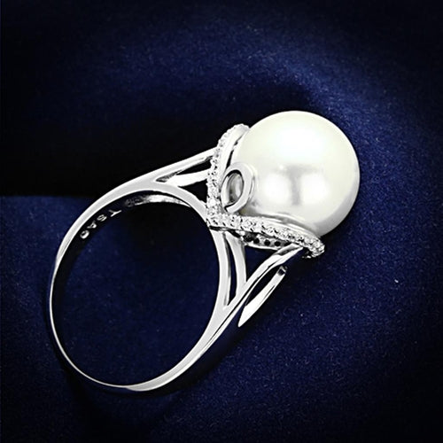 TS154 - Rhodium 925 Sterling Silver Ring with Synthetic Pearl in White